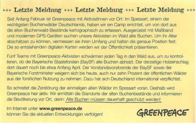 Ausgebucht? – Ganz im Gegenteil – Stellungnahme zu den Greenpeace-Aktivitäten im Spessart