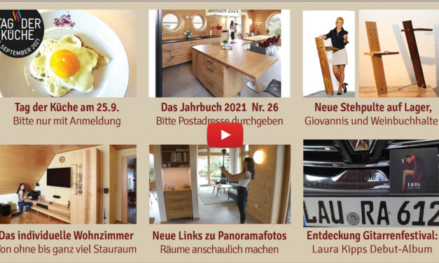 Newsletter 179:  Tag der Küche am 25.9., neues Jahrbuch, neue Stehleuchte, Wohnzimmer, Innovationspreis Ergonomie, neues altes Kochbuch, Stummer Diener Giovanni