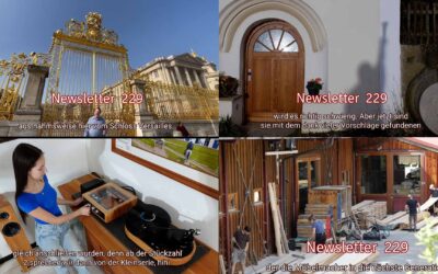 Newsletter 229: Schloss Versailles; Neuer Meister; Neue Haustür für Mühle; Bretterbericht 26, wer hilft beim Sägen; Hifi in Rüster; Barschrank; Kirschbaumwozi günstig; mit LINAK bei Team7