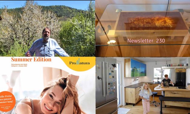 Newsletter 230: Umweltbundesamt-Workshop mit SynergisTen; Lauras Auswahlhilfe für Jori Relaxsessel; mannigfache TV-Möbel; Edelcouchtisch mit Rindentuch; Keramikplatten-Glück;